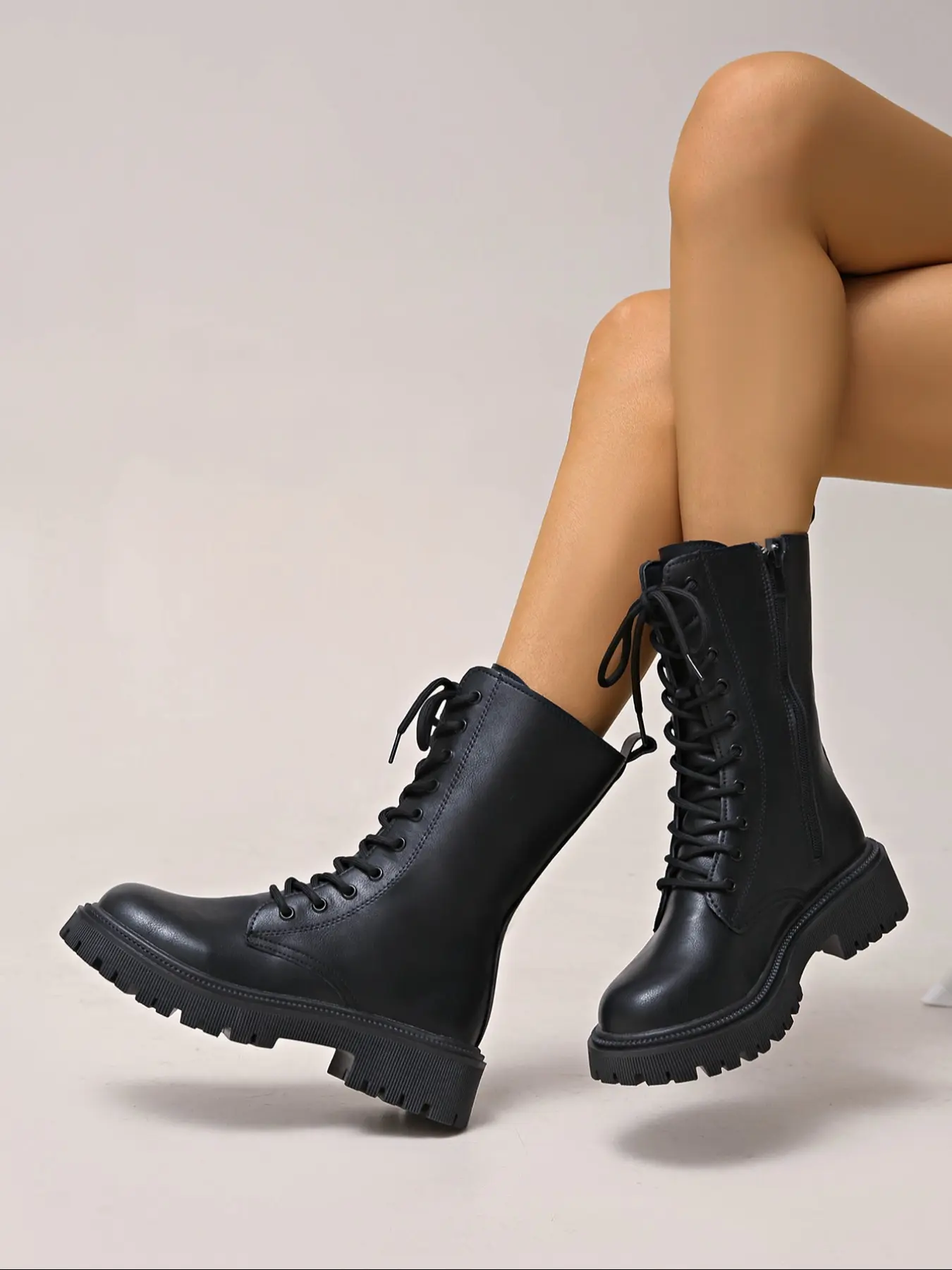 Women's Mid-Calf Boots, Thick Sole Leather Upper, Fall Winter Fashion, Trendy Boots, Side Zipper, Round Toe, Casual Motorcycle Style, Winter Warm Boots