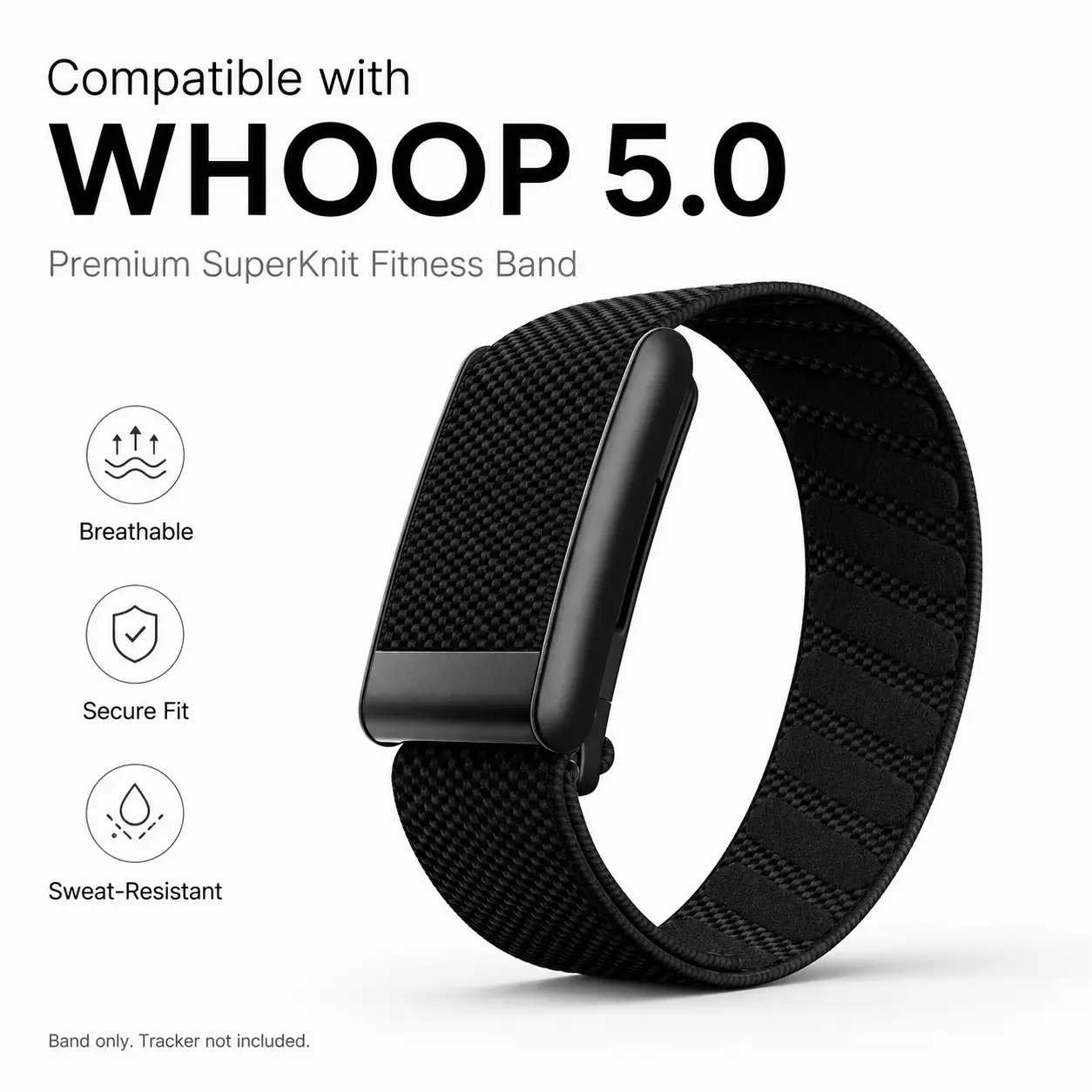 Band Compatible with WHOOP 5.0, Breathable SuperKnit Replacement Fitness Strap, Sweat-Resistant Adjustable Secure Fit Wristband for Gym, Running, Cycling, Travel & Daily Wear, Black, Band Only, Tracker Not Included