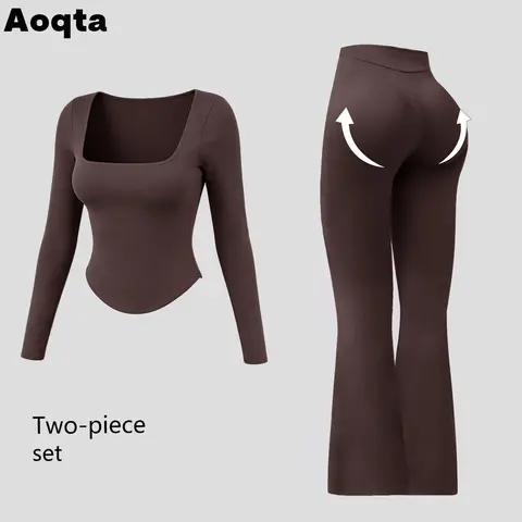 Aoqta Women’s 2-Piece Yoga Athletic Sportswear Set - Square Neck Long Sleeve Top, High Waist Butt Lifting Flared Pants, Machine Washable Workout Sets Women for Gym