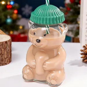 New Creative Bear Glass Cup with Straw, High Borosilicate Glass Straw Cup, Trendy Bear Cup, Non-Lead Crystal Glass, Reusable, Model 001, Drinkware