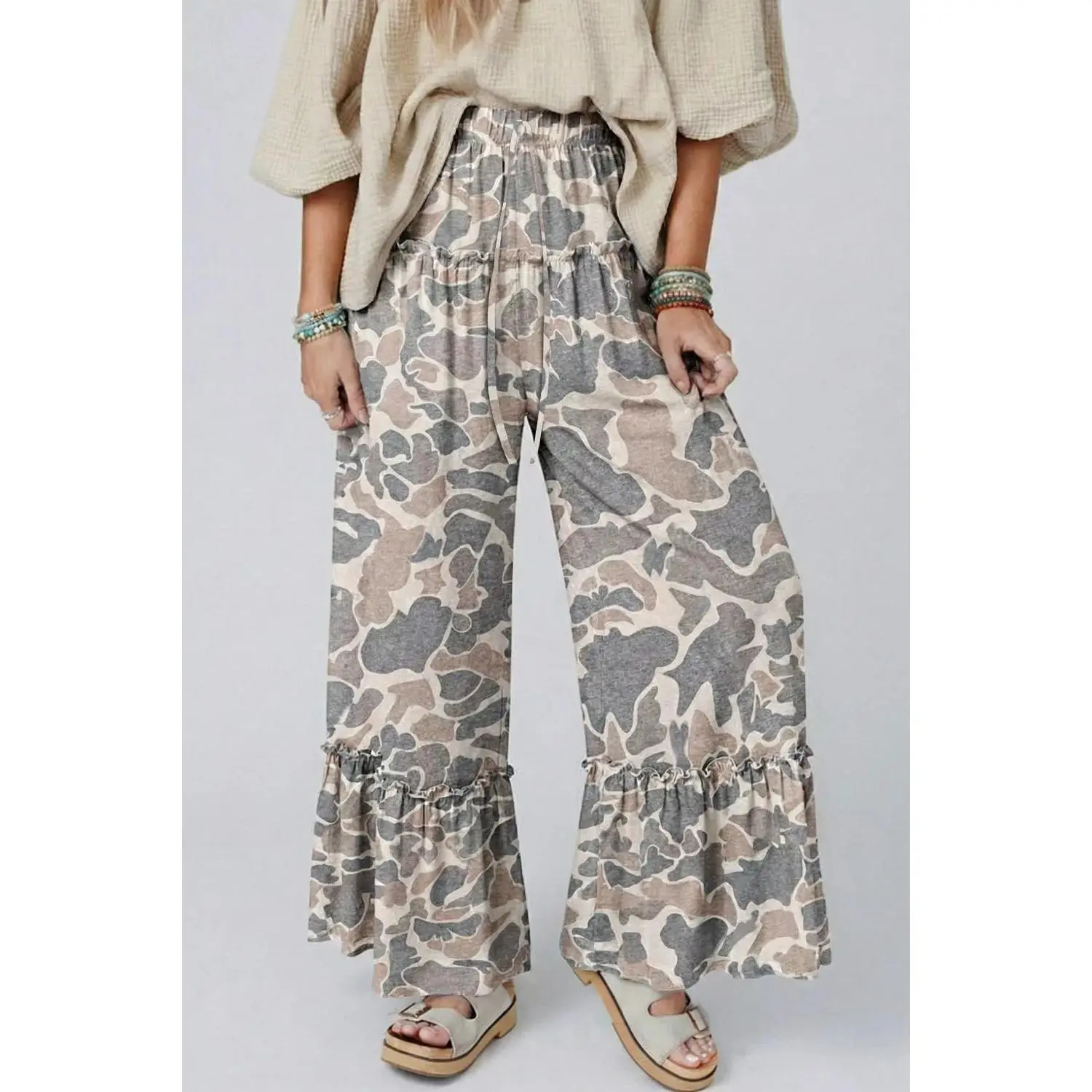 Camo Print Ruffle Hem Wide Leg Pants