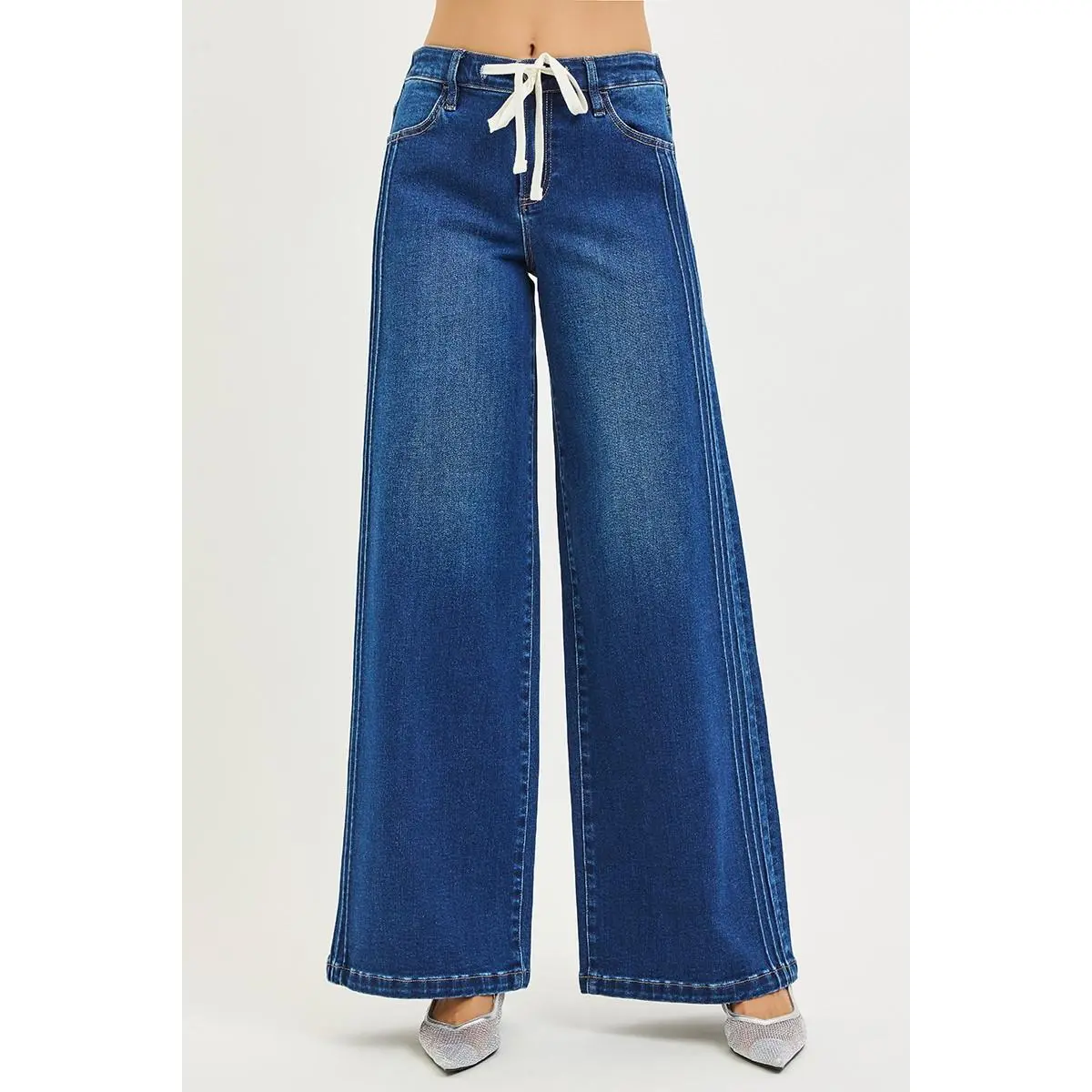 RISEN Full Size Mid Rise Wide Side Pintuck Jeans with Front Drawstring Plus Size