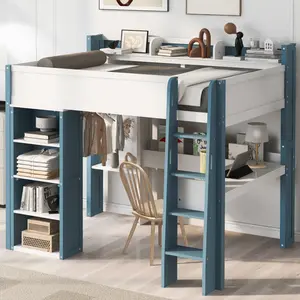 Full Size Wood Loft Bed with Built-in storage shelves, Clothes rails and desk, White+Blue