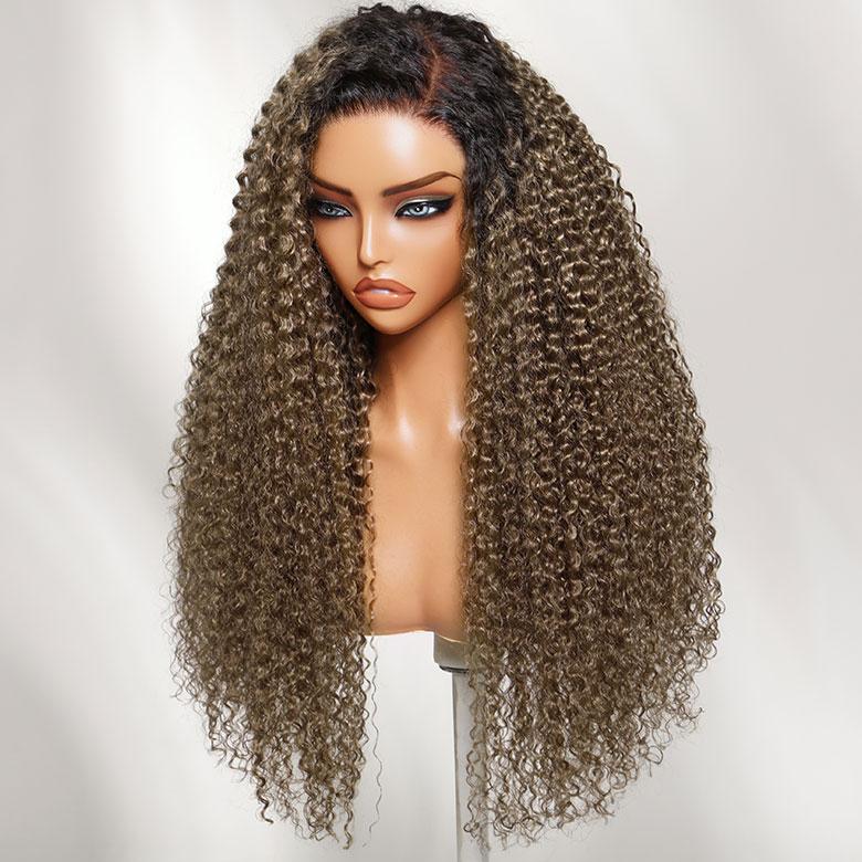 Unice 100% Human Hair Female Curly Wig, 7x5 HD Lace Closure Pre-Cut Lace, Ash Brown with Dark Roots, Natural Scalp Natural Looking Wigs, Beginners Friendly Ready to Wear