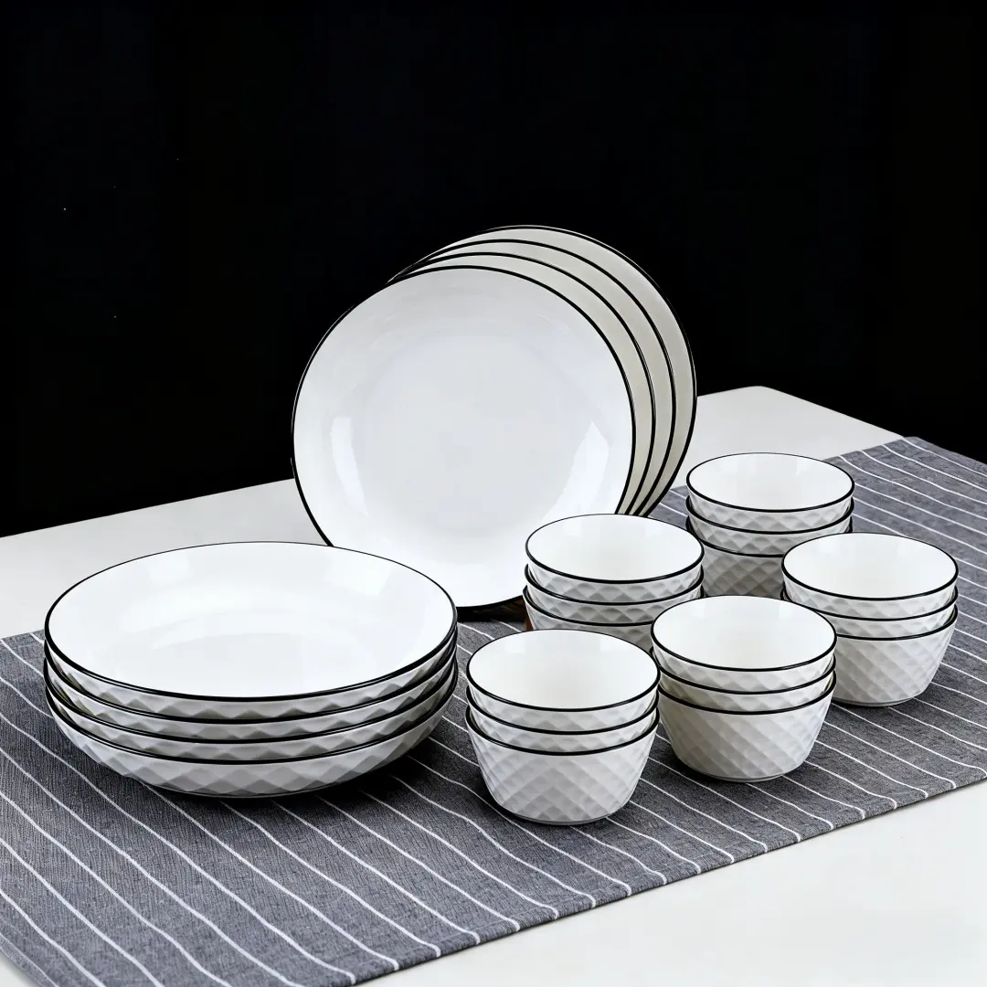 16-Piece Diamond Pattern Ceramic Kitchen Dishware Set Kitchenware Tableware Sets Dinnerware Set, Suitable for 6 People, Includes Plates Bowls Spoons, Dishwasher Microwave Oven Safe
