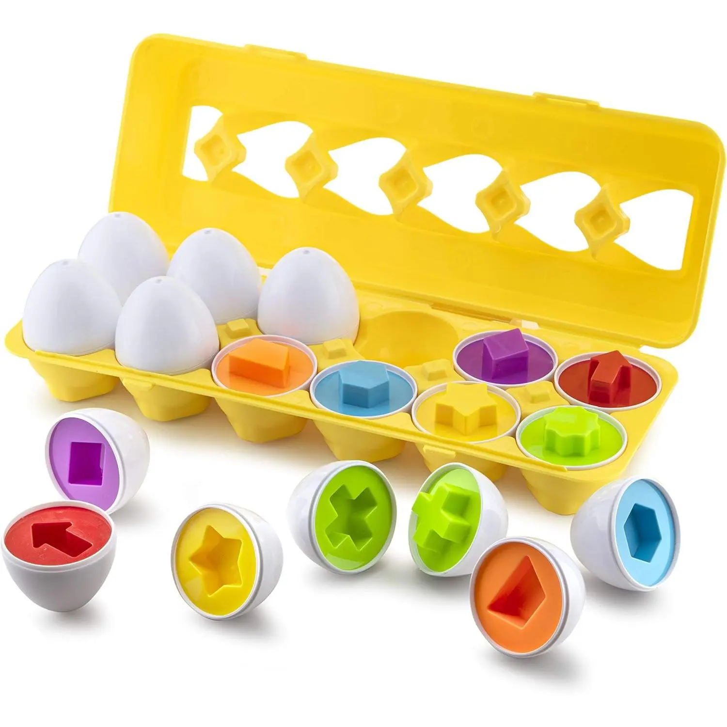 Play Brainy Shape and Color Matching Eggs – Easter Egg Toy – Educational Toy for Toddlers and Preschoolers – Great for Color and Shape Recognition Development – Set of 12 Shape Eggs,