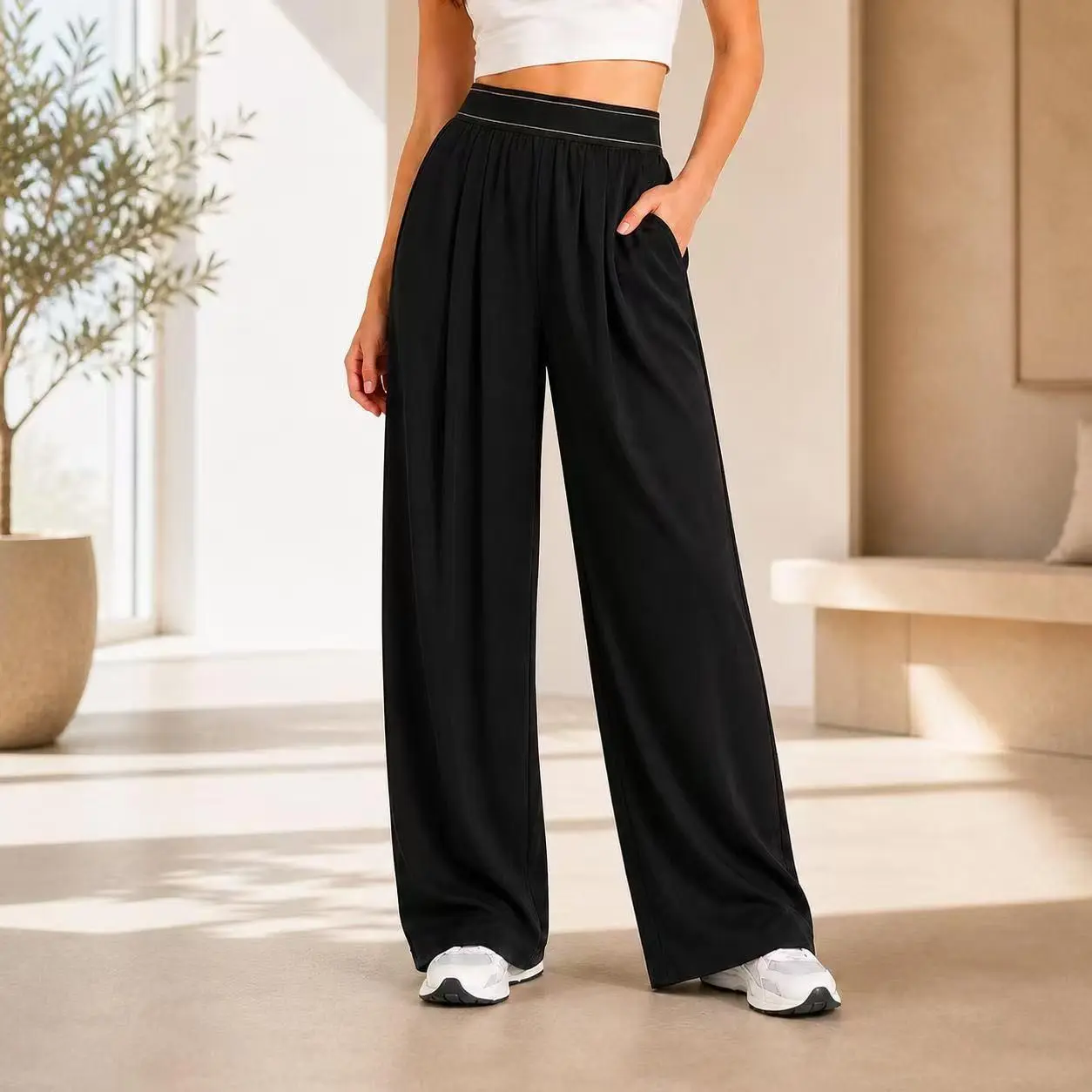 Women's High Waist Casual Yoga Pants - Lightweight, Loose Straight-Tube, Quick-Drying, Breathable, Contrast Stitch Trousers for Gym/Street, Plus Size Activewear with Butt-Lifting Design natural fitness cycling lounge