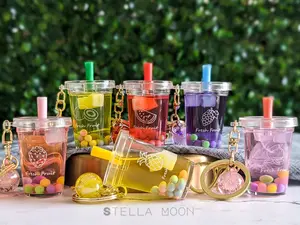 Fruit Liquid Keychain, Fresh Key Charm, Drink Design, Peach Accessory, Strawberry Boba, Grape, Kiwi Juice, Watermelon, Pineapple, Gold Ring cute keychain