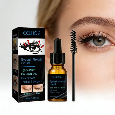 Eyelash & Eyebrow Serum 10ml with Castor Oil, Natural Lash Care Treatment, Precision Brush Applicator for Nourished Fuller Looking Lashes, Beauty Routine Essential