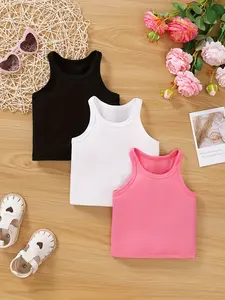 Girls' clothing, girls' vest three piece set, solid color pit stripe simple style, comfortable and skin friendly sleeveless style in summer, girls' birthday gifts, Easter gifts, suitable for daily play, cute photo dressing, and school for girls and infant