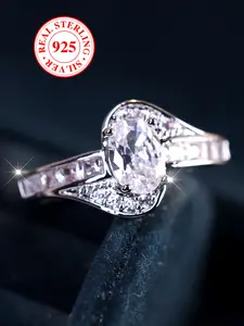 S925 Sterling Silver Ring with Synthetic Zircon, Artificial Zircon Ring, Casual Style Bridal Elegant Solitaire Engagement Ring Jewelry Gift for All Seasons（with box）