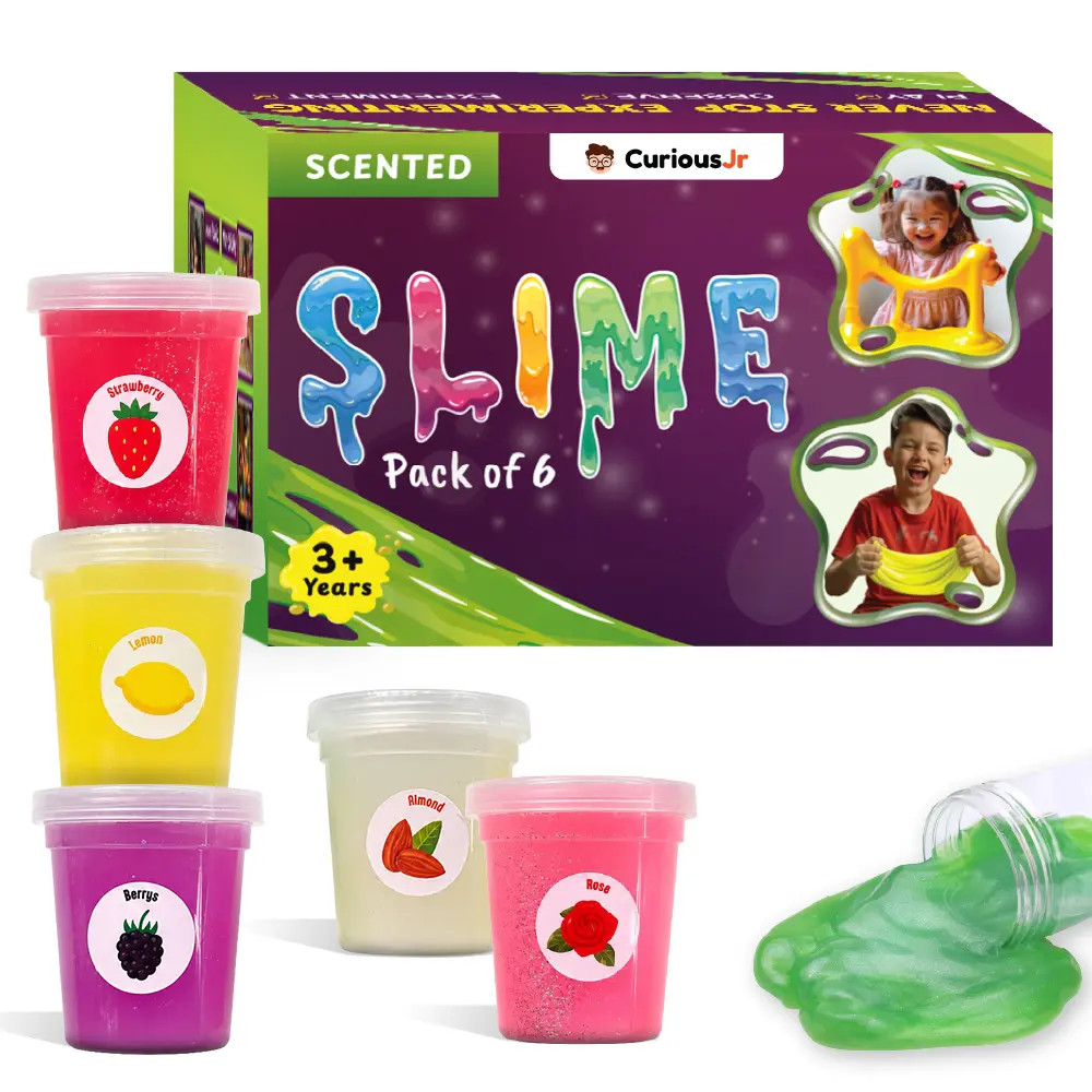 Curious Jr by PW Slime Clay & Dough Kit for Kids 3-10 Years - 6 Fruit-Scented Colourful Options with Moulds, DIY Sensory Play, Soft & Non-Toxic, Birthday/Return Gift for Boys & Girls