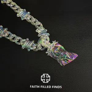 FaithFilledFinds Opal Jesus Pendant Barbed Wire Chain Necklace for Men, Women, Boys, Girls, Trendy Iridescent Chunky Chain Jewelry for Daily Wear, Streetwear, Birthday Gifts, Christmas Gifts, and Party Accessories