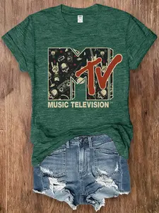 Women's Summer Round-Neck Short-Sleeve T-Shirt, Retro Classic MTV Music Trend Street Style, MUSIC TELEVISION, Casual Shirt in Pink, Blue, Green, Purple, and Dark Green, Comfortable and Soft Top for Vacations and Outings, Perfect for Holidays
