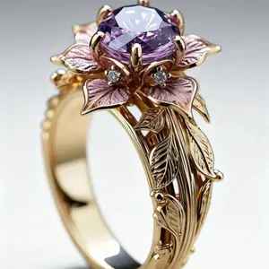 Elegant 14k gold-plated ring with geometric floral design, set with purple Zirconia stones, a fashionable jewelry accessory, perfect as a gift for women attending parties/birthdays or formal events