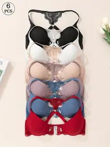 6pcs  Elegant Lace Bra Set with Front Closure, Bohemian Style Push-Up Bras with Front Closure - High Support, Non-Removable Padded Cups, Underwire & Breathable Lace Trim, Solid Color for Women - Perfect Gift for Halloween & Christmas