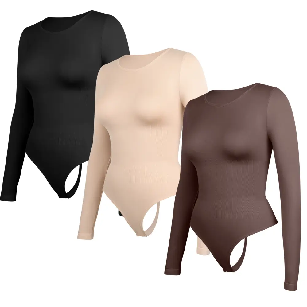 Women's Long Sleeve Shaper Bodysuit, Ribbed Round Neck Tummy Control Top for a Slimming Bodycon Fit, Shaper Clothes, Fitting, Comfortable