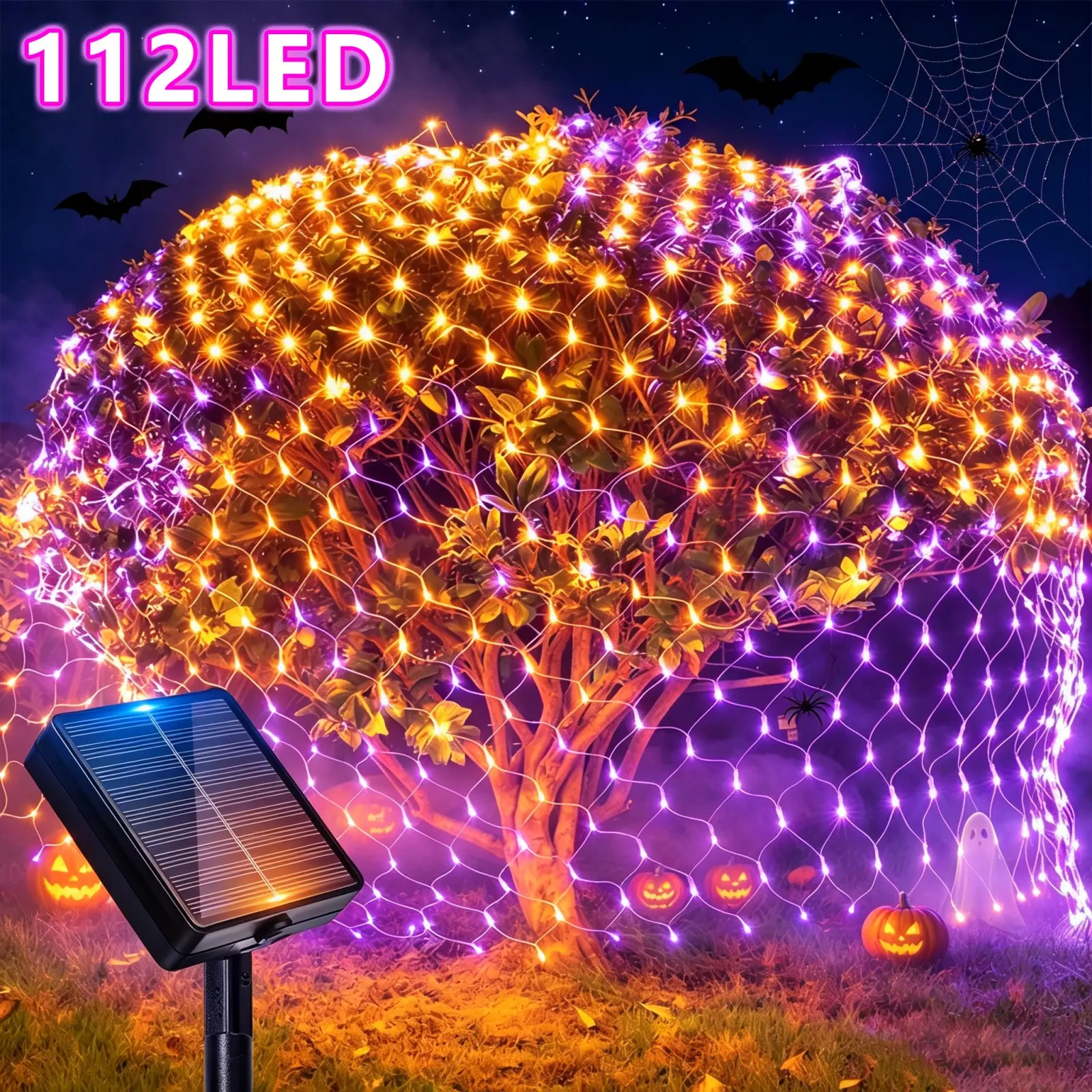 Halloween decorations, solar-powered outdoor net lights, bush decoration lights, orange and purple, IP65 splash-proof design, 150cm*150cm, 112 LED beads, 8 flashing modes, spooky atmosphere