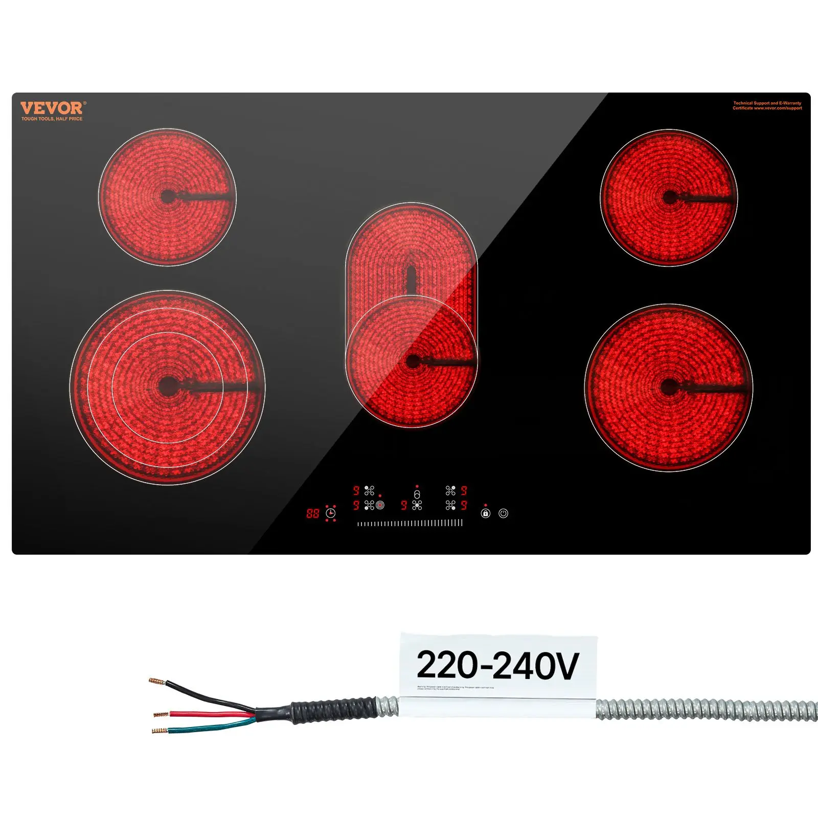 VEVOR 36-in Built-in Electric Cooktop, 5-Burner 8600W Ceramic Radiant Heat Stove Top with Glass Panel, Touch Control, Timer, Child Lock, 9 Heat Levels, 220-240V Hard Wire (No Plug)
