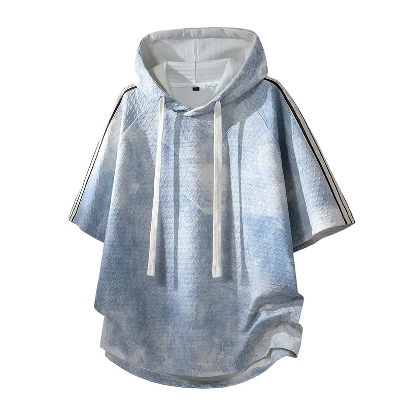 Men's Stylish Gradient Tie-Dye Hooded Short-Sleeve Pullover Tops, Sleeve Striped Tape Decor, Loose Casual Menswear for Summer Street Style#SummerWins