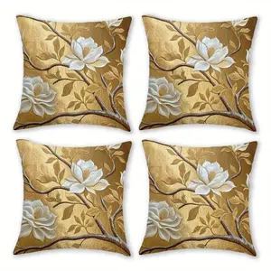 Modern Farmhouse Style Floral Decorative Pillow Covers, 4-Piece Set, Invisible Zipper, Easy to Clean, for Bedroom, Living Room, Sofa, Car