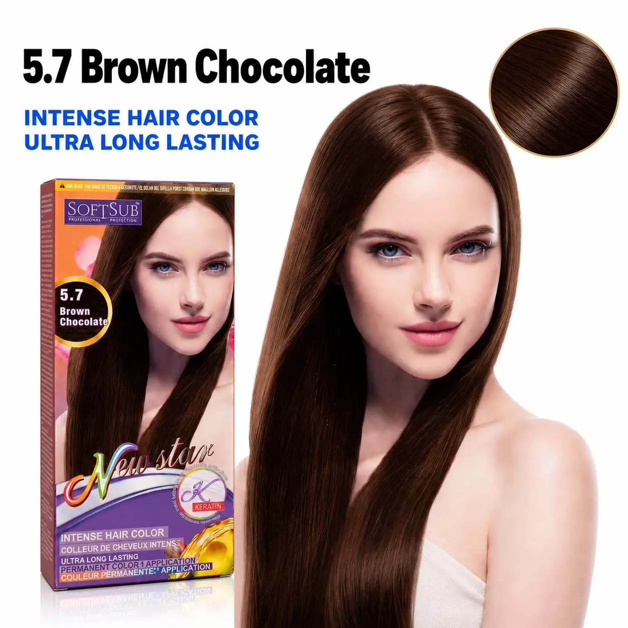 SOFTSUB New Star Olive Oil & Keratin Oil Hair Dye - Chocolate Brown 5.7, 1 Box, Color-Enhancing Haircare Product, Root-To-Tip, Smooth Shine