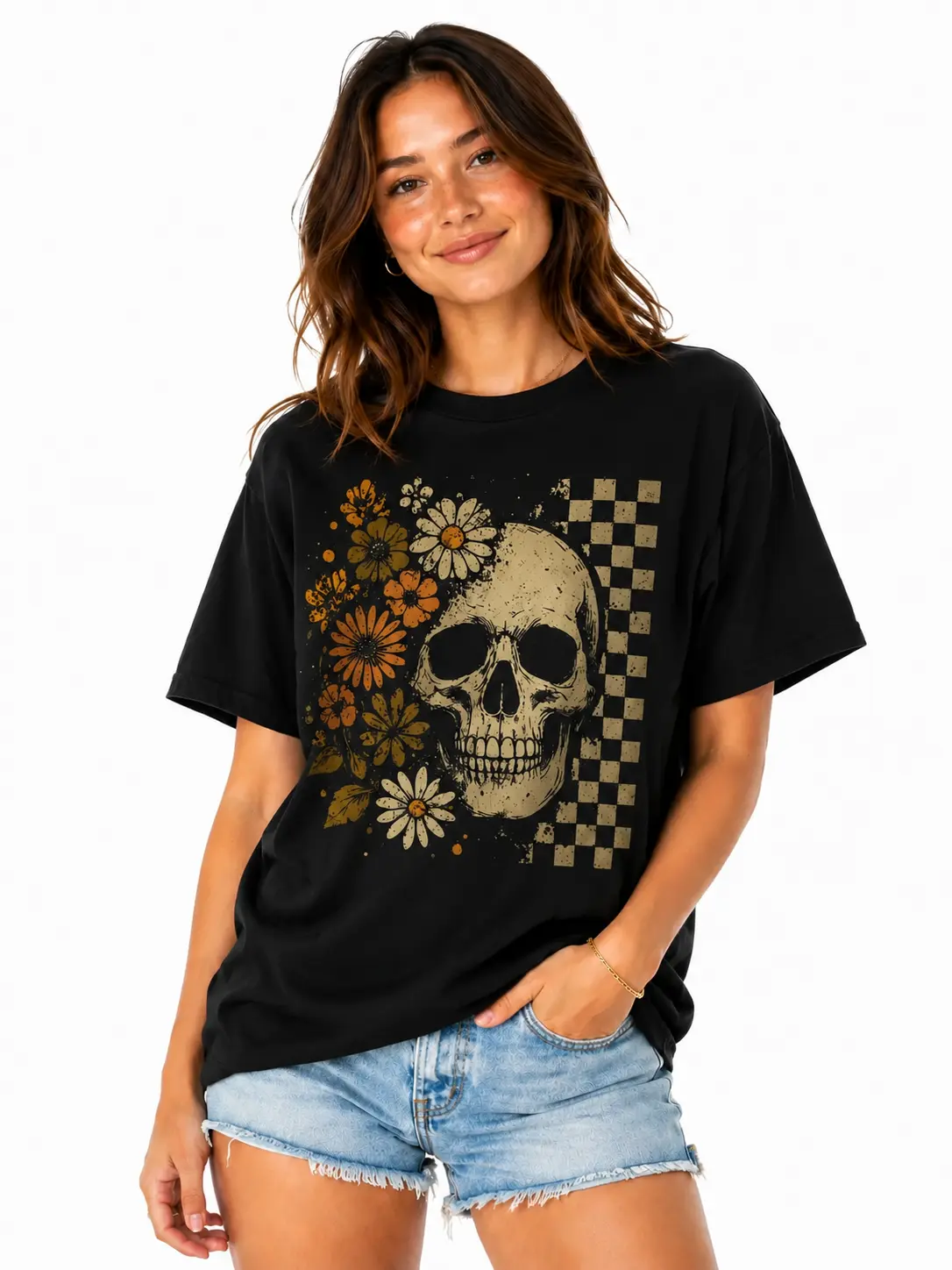[Skull Tee] Skull Flower Graphic Cotton Plus Size Unisex Print T-Shirt, Soft Comfortable Breathable Casual Shirt, Oversized Streetwear Style, Vintage Gothic Inspired Design, Perfect Daily Wear Top, Good Birthday Gift for Friends or Family