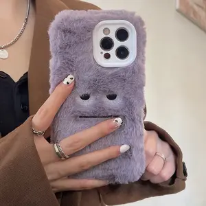 Korean Cute Funny Fur Fluffy Phone Case for iPhone 13, 11, 14, 15, 16 Pro Max, 12 Mini, XS, XR, X Plus SE 2022 - Soft Plush Cover, Screen Protector cute cartoon Protective Protection Smartphone Cellphone Casing Shockproof Purple Monster