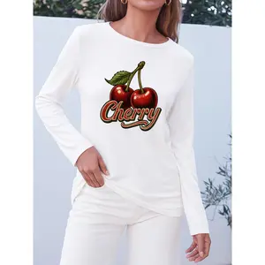 Women's long-sleeve T-shirt, red cherry print T-shirt, suitable for everyday and formal wear in all seasons, warm and elegant chic women's top for autumn and winter, round-neck long-sleeve sports T-shirt