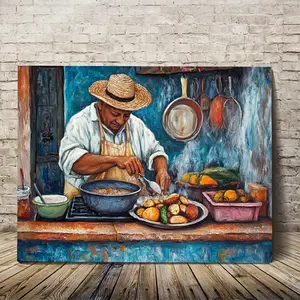 Vintage Puerto Rico Kitchen Canvas Wall Art-Cooking Decoration with Chef, Plants, Fruits and Vegetables-Wooden Frame Canvas Painting-Latin Culture Home Decoration-Ideal for Kitchen, Dining Room, Living Room- (30X40cm)-Texture Surface Cooking Artwork, Kitc