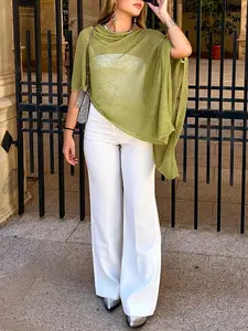 Women's Elegant Casual Hollow Out Knit Shawl, Spring Summer Fall Vacation Batwing Long Sleeve Top, Lightweight Breathable