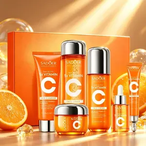 Sadoer 5x South Korea Vitamin C Facial Care Set, Cream + Serum, Collagen + Hyaluronic Acid + Niacinamide, Moisturizing Brightening Firming, All Skin Types