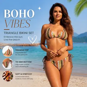 Boho Vibes Chevron Pattern Triangle Bikini, Adjustable Tie Halter Top & Side Tie Bottom, Retro Swimwear for Beach Vacation