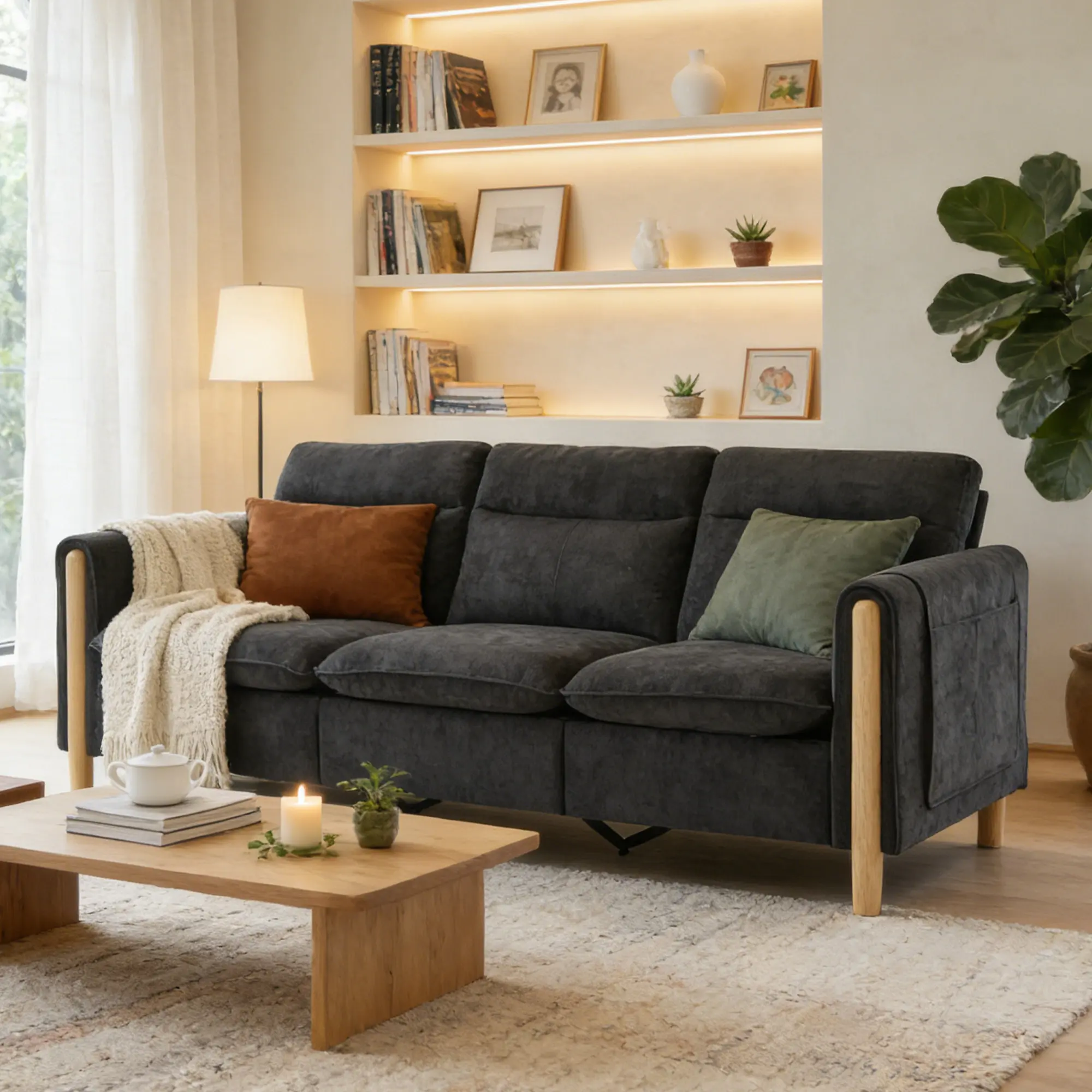 3-Seater Modern Chenille Fabric Sofa Furniture - Fixed Arms, Multi-Layer High Resilience Foam Cushions, Side Storage Pocket, Sofas for Living Room Apartment, Black/Beige/Gray Options