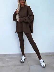 2026 Women's Oversized Basic Loungewear Set - Crewneck Sweatshirt + Ribbed Leggings Bottoms, Soft Cozy 2 Piece Outfit Womenswear for Casual Daily, Street Style & Athleisure, Sage Green