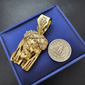 Religious 14K Gold plated Holy Jesus Christ Head Cubic Zirconia Iced Charm Pendant - Fits Up to 15mm Chain, High Quality Polished (XZ-2G)