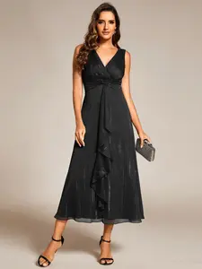 Ever-Pretty Black Glitter A-Line Midi Wedding Guest Dress with Ruffled Hem & V-Neckline for All Seasons  Wear 11977