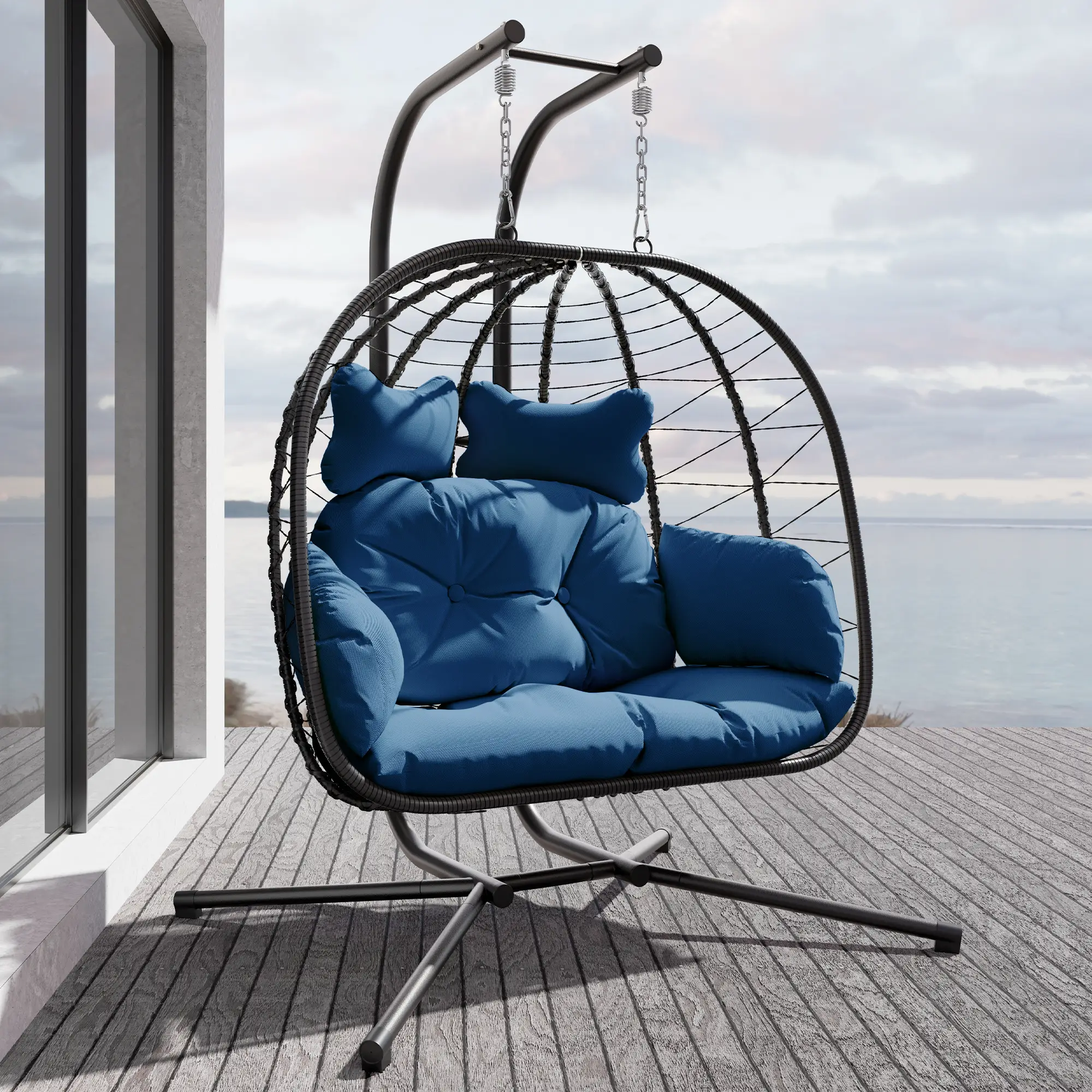 【FallFreshness】RIWENGO Double Egg Swing Chair with Stand- 600/700 lbs Weight Capacity, Outdoor Indoor Wicker Rattan Hanging Egg Chair with Thick Cushi