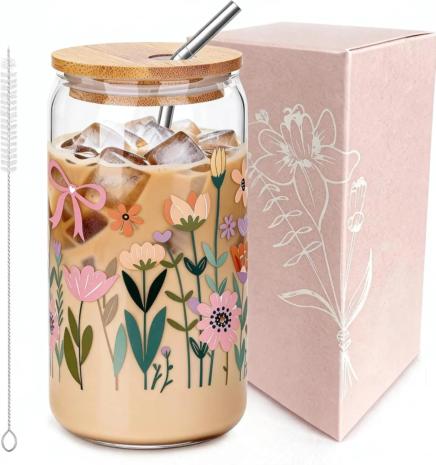 Floral Glass Cups with Lids and Straws – 16oz Wildflower Glass Can, Cute Coffee Tumbler for Home & Office,Reusable Straw – Perfect Flower Girl Cup & Gifts for Women