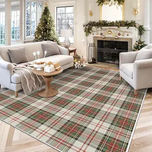 American Retro Christmas Plaid Carpet, Checkered Rug, Soft Comfortable Non-Slip for Living Room Bedroom Dining Area, Pet Friendly