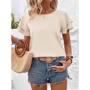 Women's Casual Summer Short Sleeve Round Neck Blouse - Vibrant Pink Solid Color, Machine Washable Regular Fit Non-See-Through Shirt for Casual Attire, Cute Shirts for Summer, Smooth Texture Top