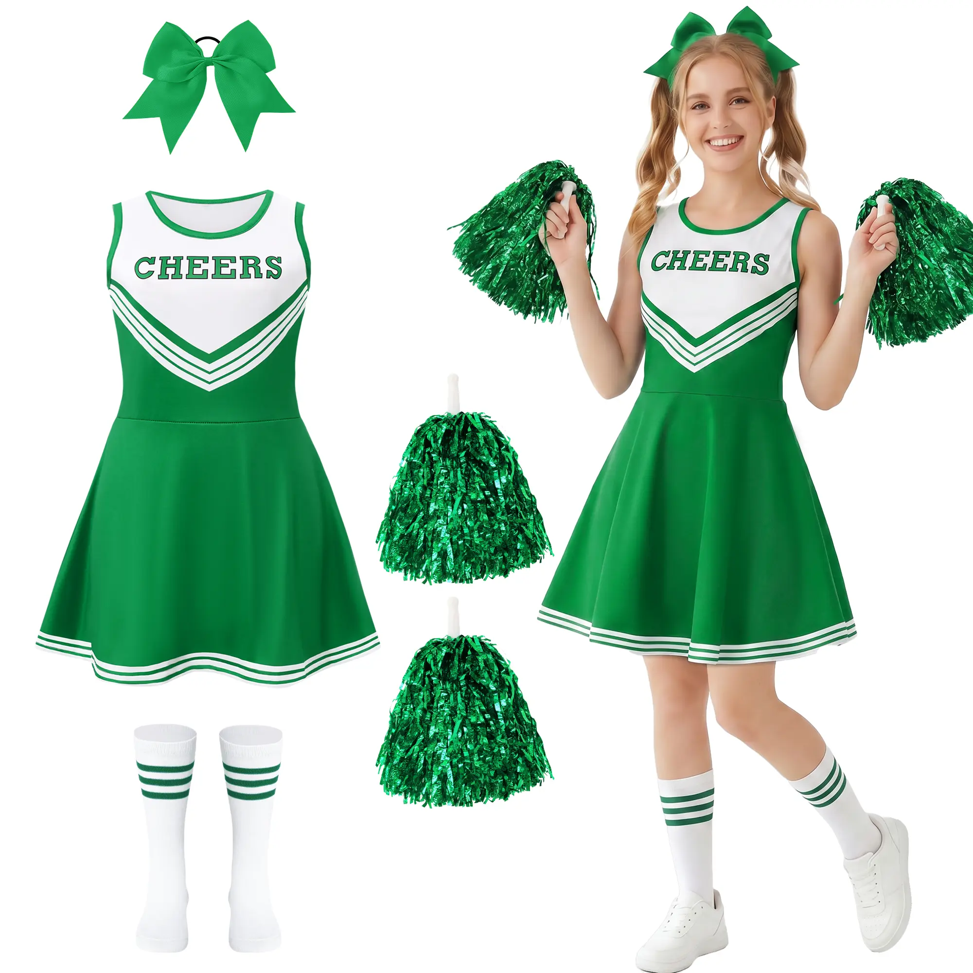 Women Cheerleader Costume 4Pcs Set, Sleeveless Cheers Print Cheer Dress with Hair Bow, Metallic Pom‑Poms & Striped Knee High Socks, Adult Cheer Uniform for Halloween Cosplay Sports Party Dress‑Up