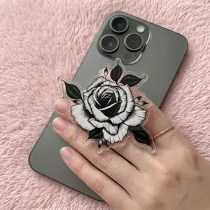 Gothic Black&White Rose with MagSafe Phone Grip, Horror Aesthetic Magnetic Phone Holder, Kawaii Scary Fan Gift , Kindle Accessories sticky Baby mount Library Card Flower-Shaped Multi-Functional Stand Universal Car Double-Sided Octo Adjustable Portable