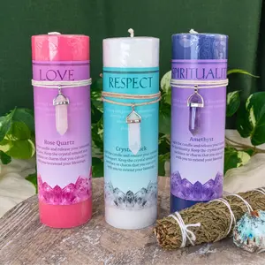 Down to Earth Crystal Energy Pillar Candles - 6" Tall Lead-Free Scented Candle with Approximately 1.5" Crystal Pendant for Intentional Healing - Therapy, Healthcare