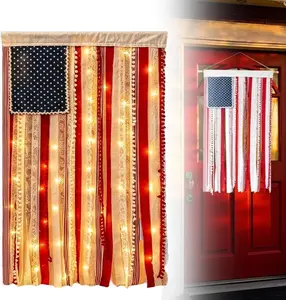 Vintage Lighted Patriotic Rag Flag with Remote Control LED Fairy Lights (50x27in) – 4th of July Accessories, Tassel Garland, Outdoor Decor for Porch, Home Wall Hanging for Independence Day Celebrations