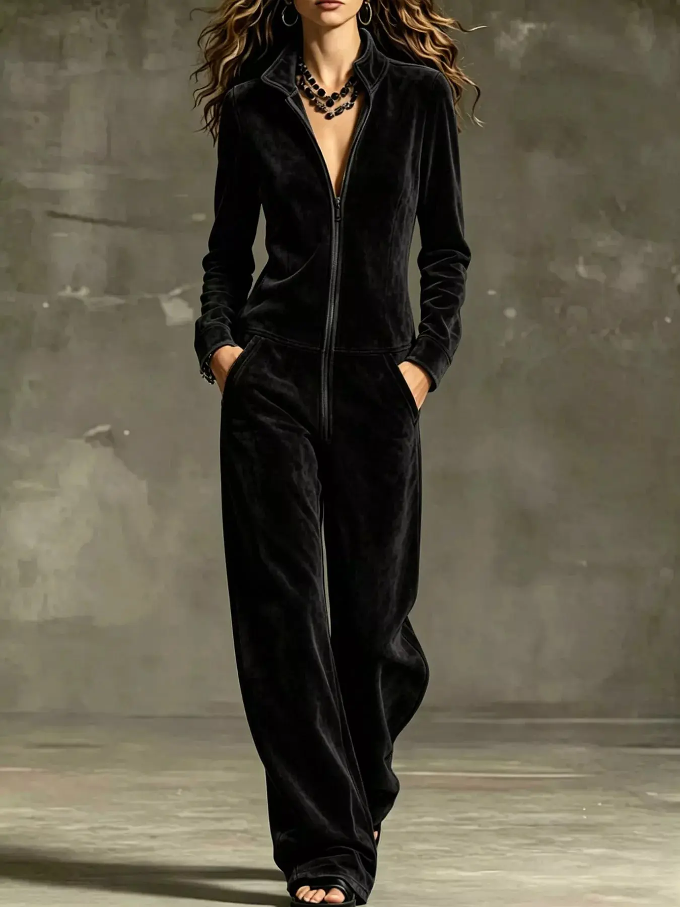 Chic Velour Jumpsuit with Pockets