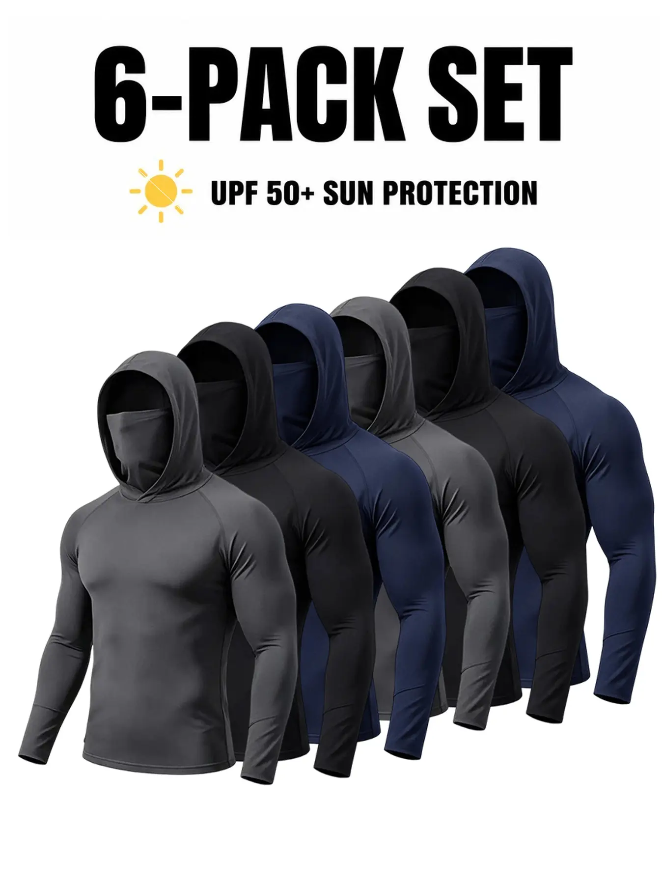 Male 6-Pack All-Seasons Balaclava Hood Compression Hoodies - Activewear Gym Flexible Stretch Fit Long-Sleeve Shirts, Pull-On Breathable Athletic Tops for Workout, Fishing Athletic Hooded Shirts Dry Fit Stretch