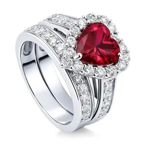 BERRICLE Sterling Silver Halo Heart Engagement Rings Statement Stackable Band for Women, Ruby-Red Heart Shaped Cubic Zirconia CZ Ring Set