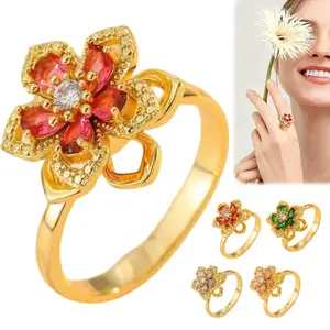 Creative Rotating 360 Gold Plated Copper Zirconia Flower Ring For Women Bohemian Style Live Mouth Ring Cute Sunflower Craft