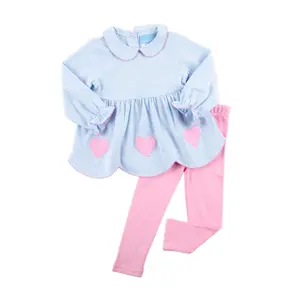 Adoring Hearts Light Blue Stripe Ruby Legging Set - Cute Girls 2Pc Outfit for Valentine's Day